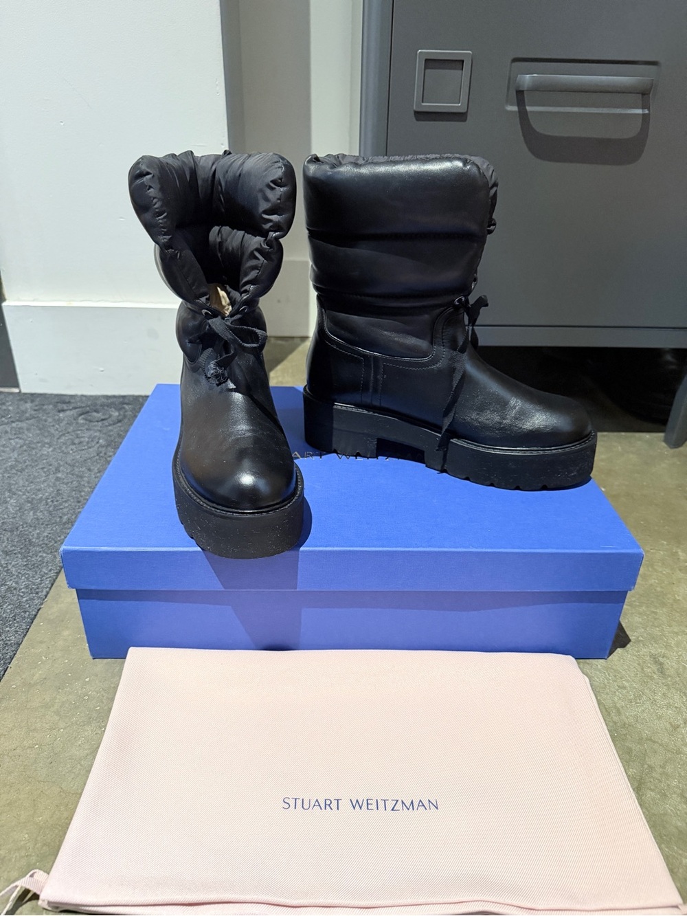 Stuart Weitzman Black Padded Leather Platform Ankle Boots with Lace Tie